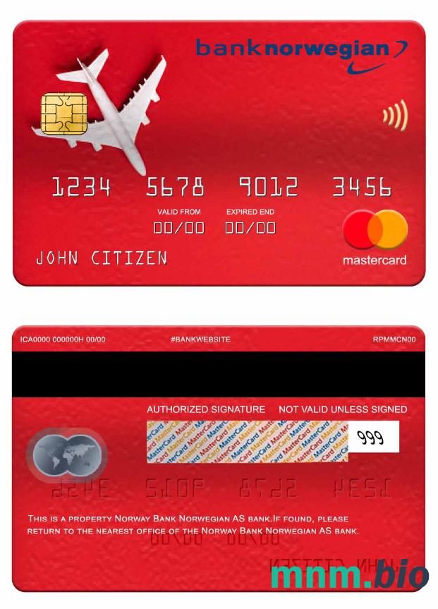 Norway Bank Norwegian AS bank przykład karty mastercard w formacie PSD